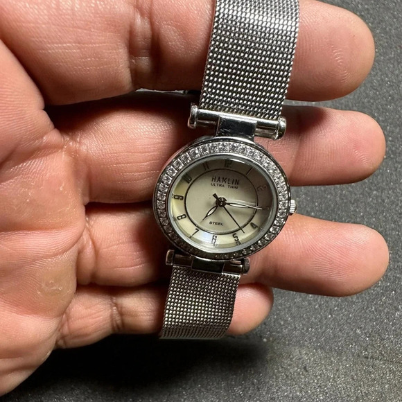 Hamlin Ultra Thin Ladies Quartz Watch Silver Tone Diamond Accent Dial Working - Picture 10 of 10